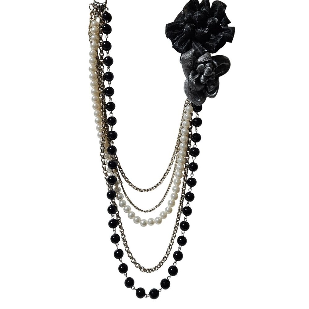Elegant  Layered Beaded Necklace Floral Fabric Accents Black White Beads